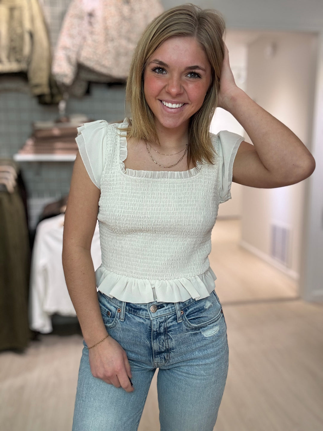 Ruffled and Smocked Flutter Top