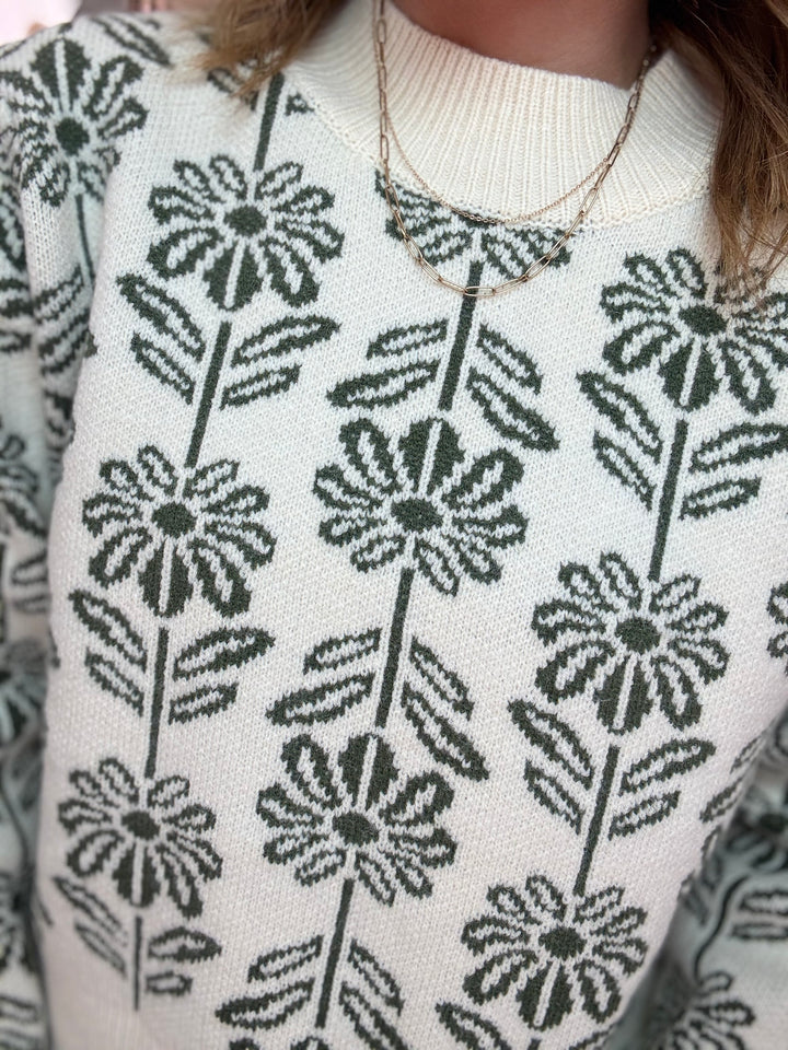 Olive Floral Knit Pullover