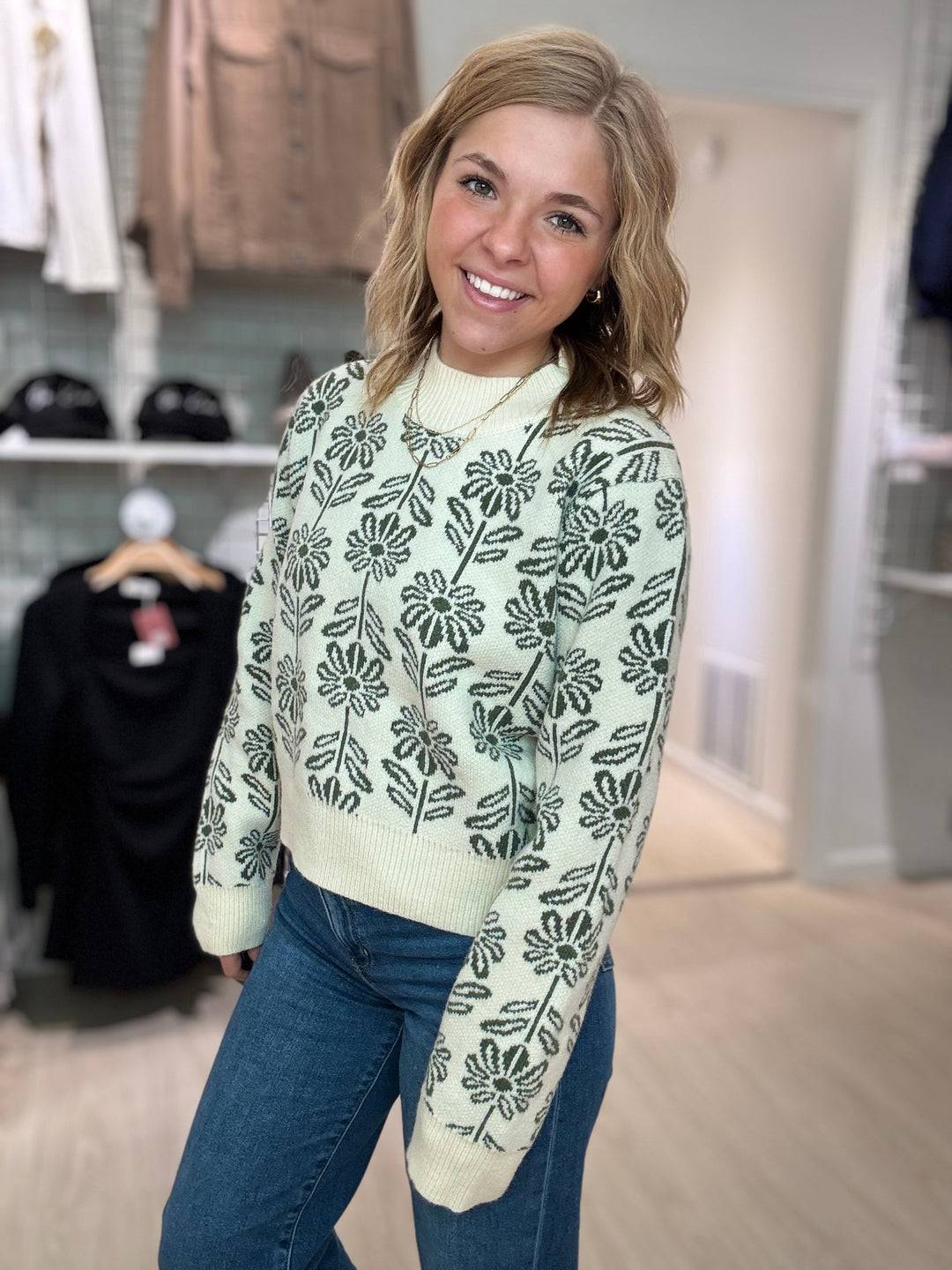 Olive Floral Knit Pullover