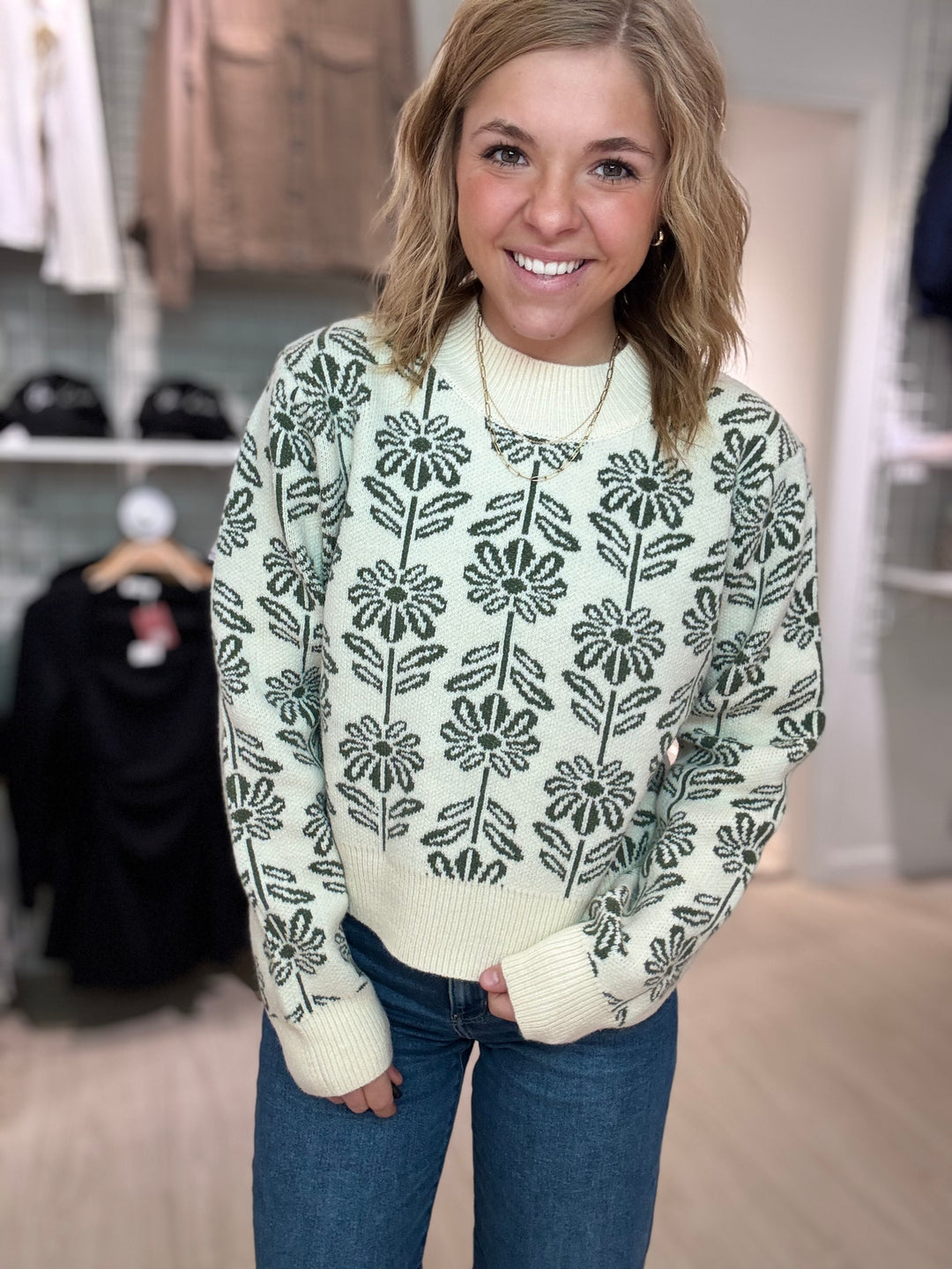 Olive Floral Knit Pullover