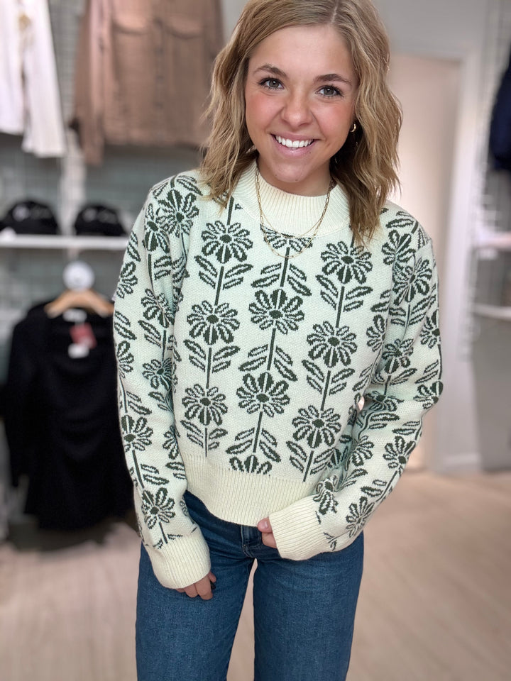 Olive Floral Knit Pullover