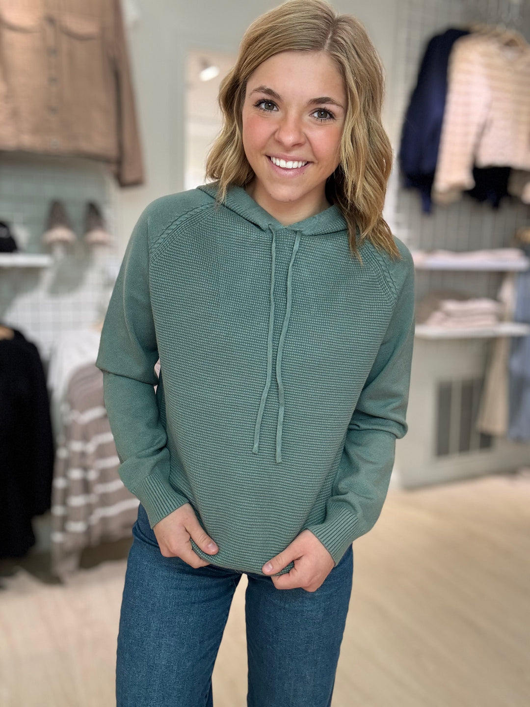 Waffle Textured Long Sleeve Pullover Hoodie