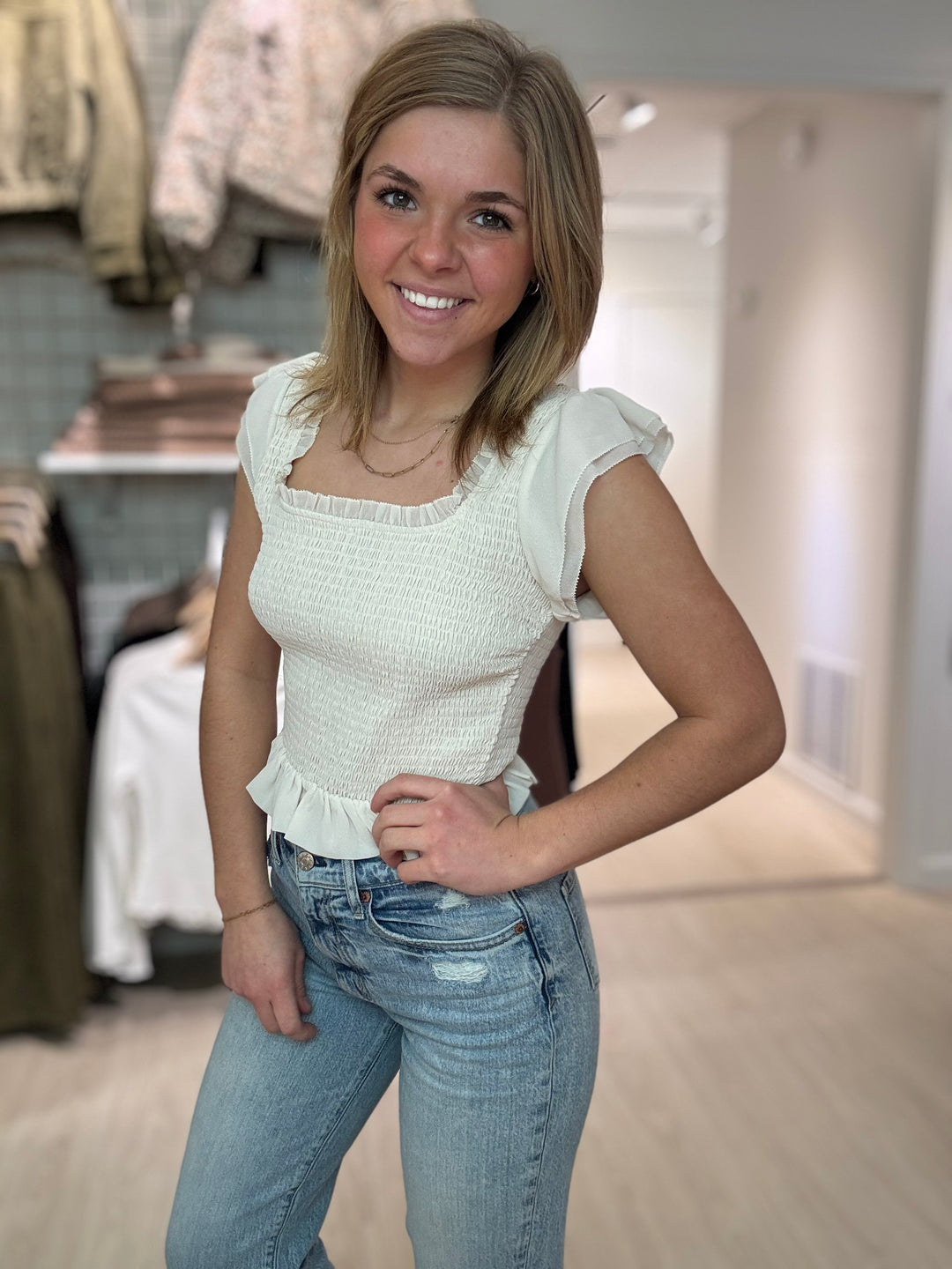 Ruffled and Smocked Flutter Top