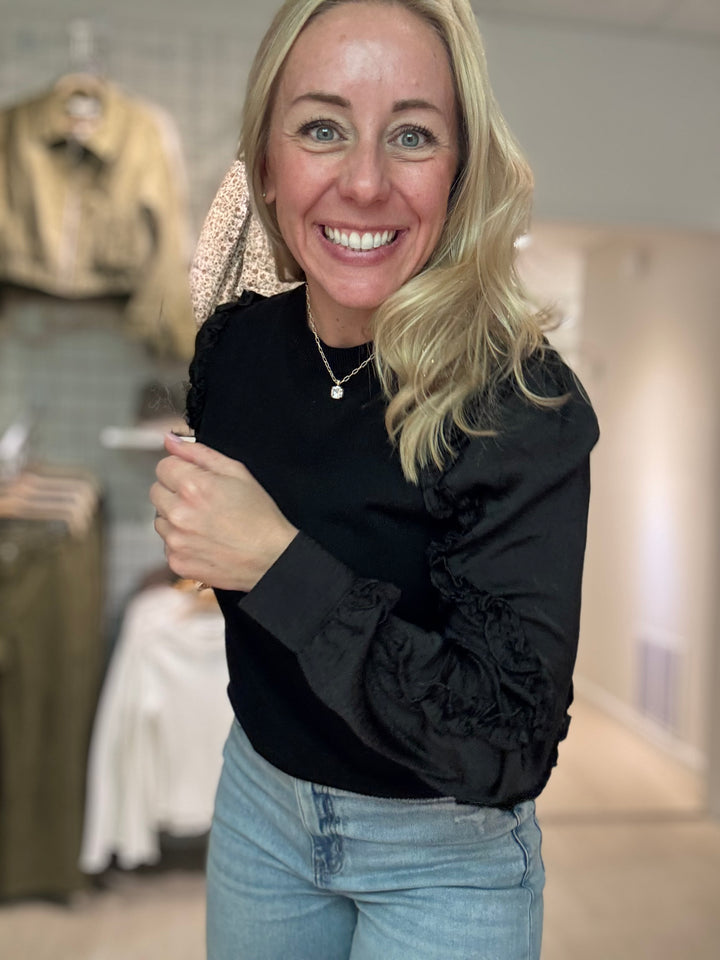 Ruffled Sleeve Satin Sweater Top