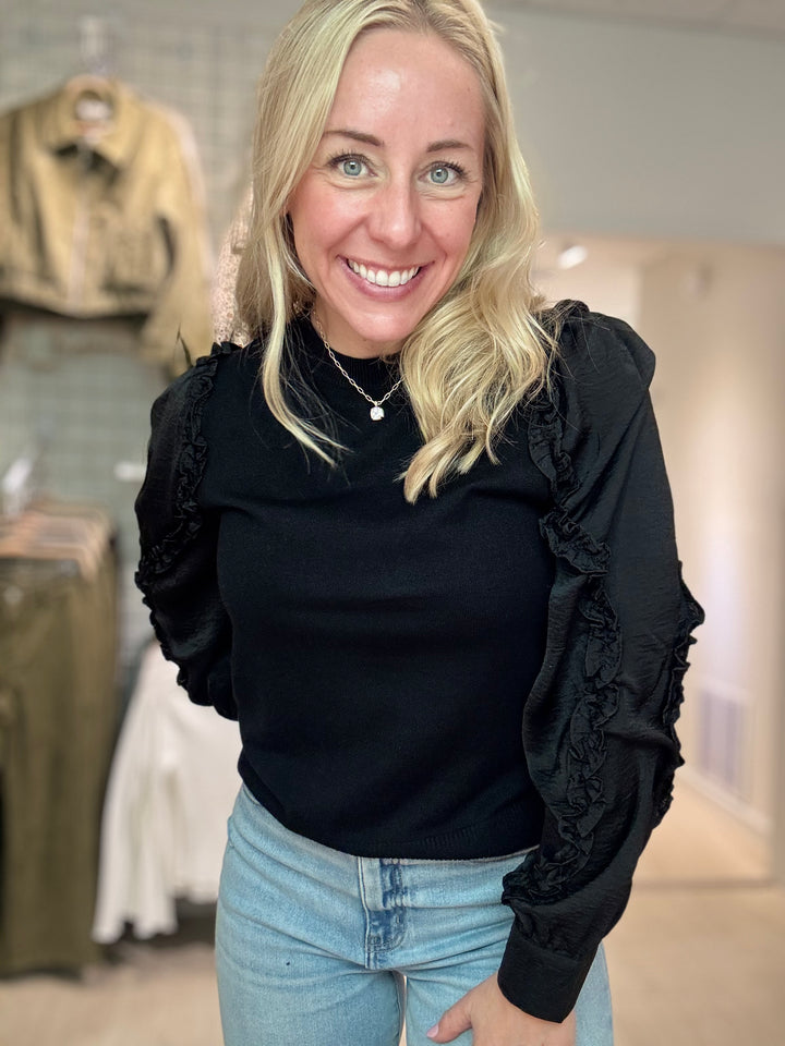 Ruffled Sleeve Satin Sweater Top