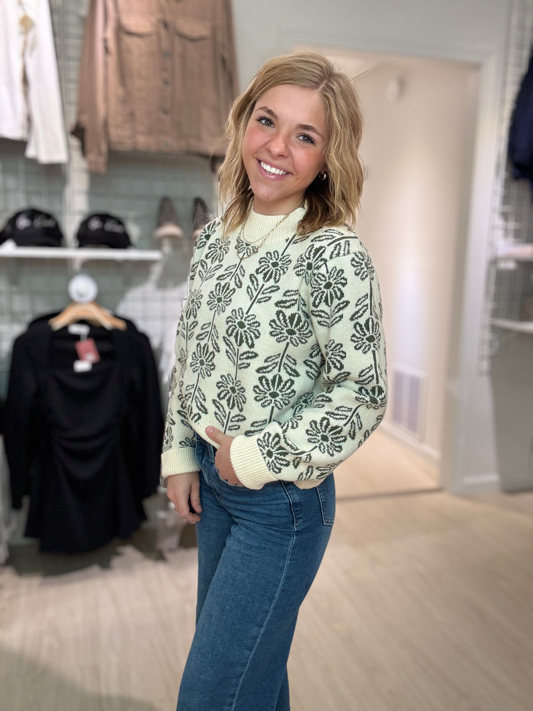 Olive Floral Knit Pullover