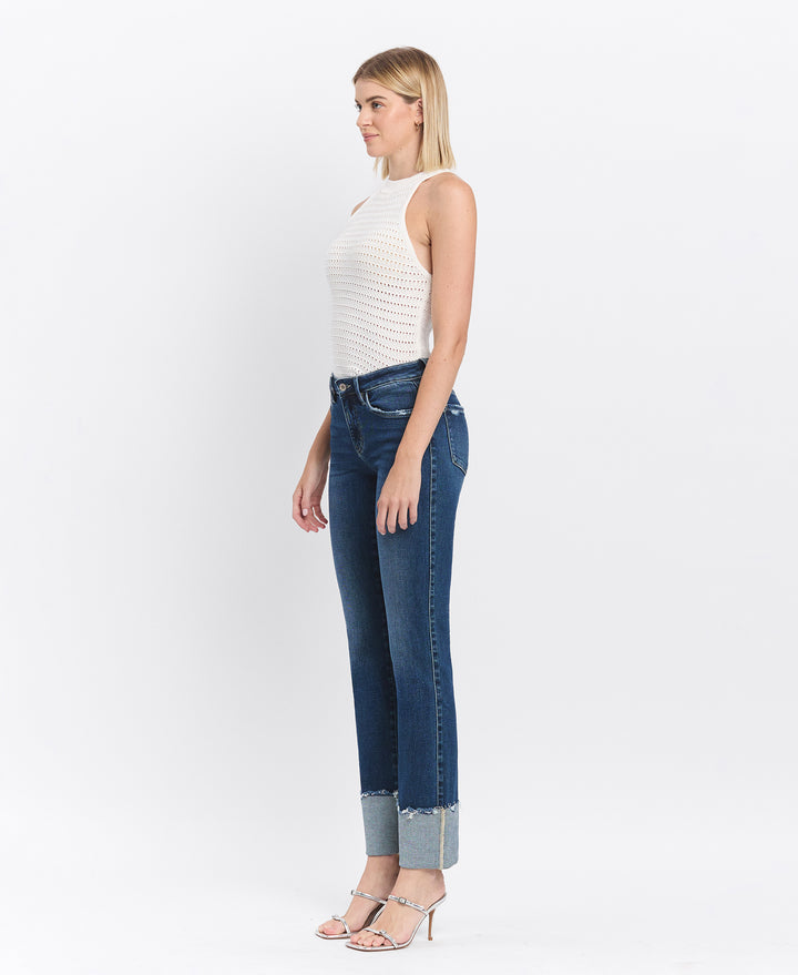 Mid Rise Cuffed Slim Straight Jeans
