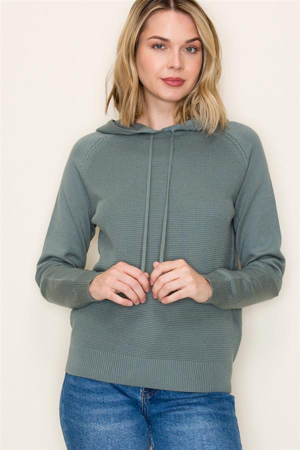Waffle Textured Long Sleeve Pullover Hoodie