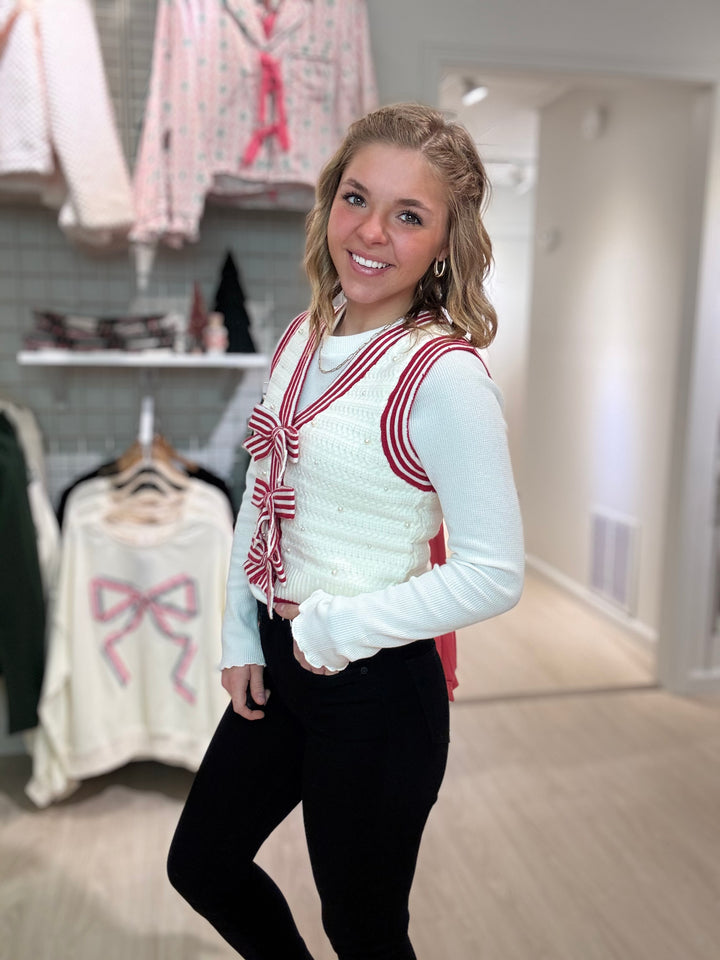 Pearl and Bow Detail Cropped Vest