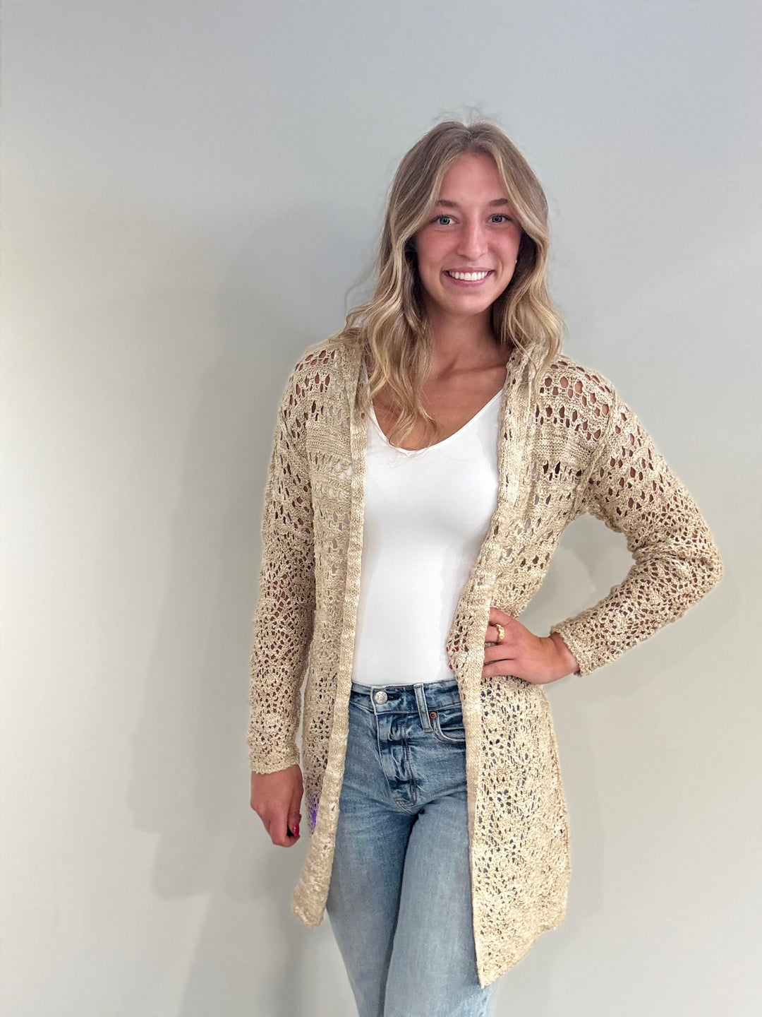 Tan-Ivory Hooded Cardigan Sweater