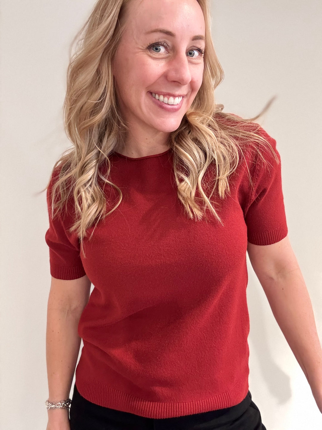 Solid Round Neck Short Sleeve Sweater