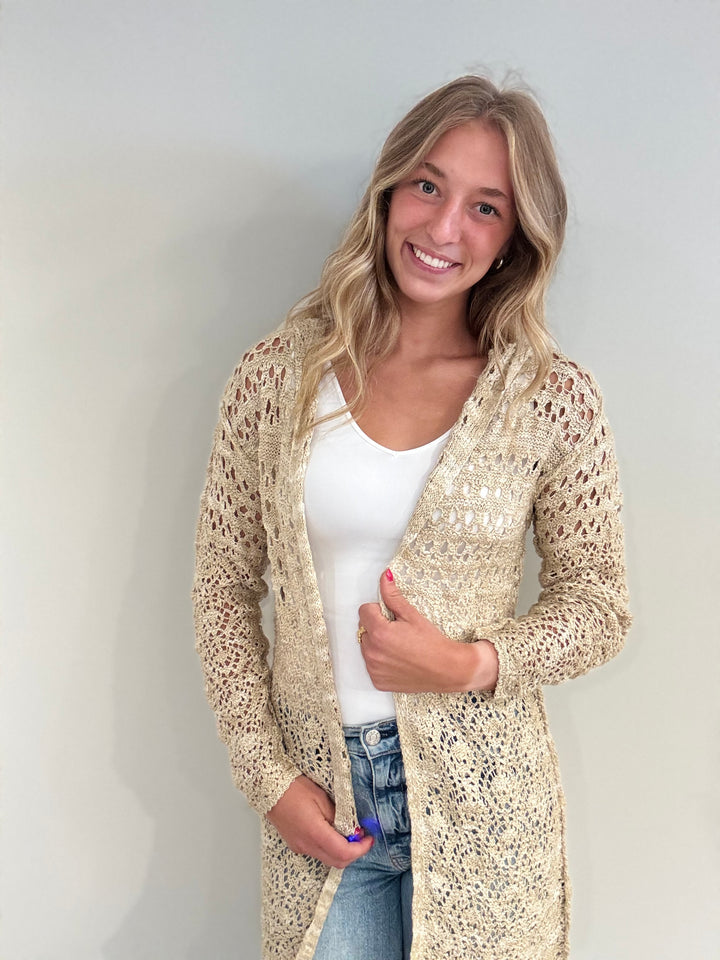 Tan-Ivory Hooded Cardigan Sweater