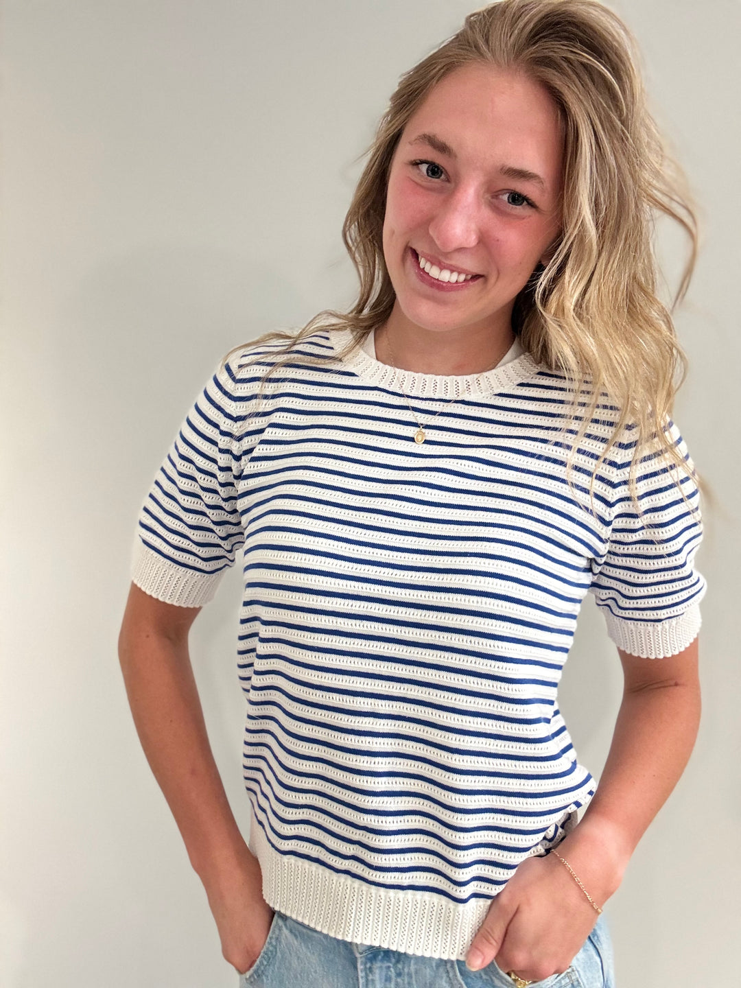 Pointelle Short Sleeve Sweater