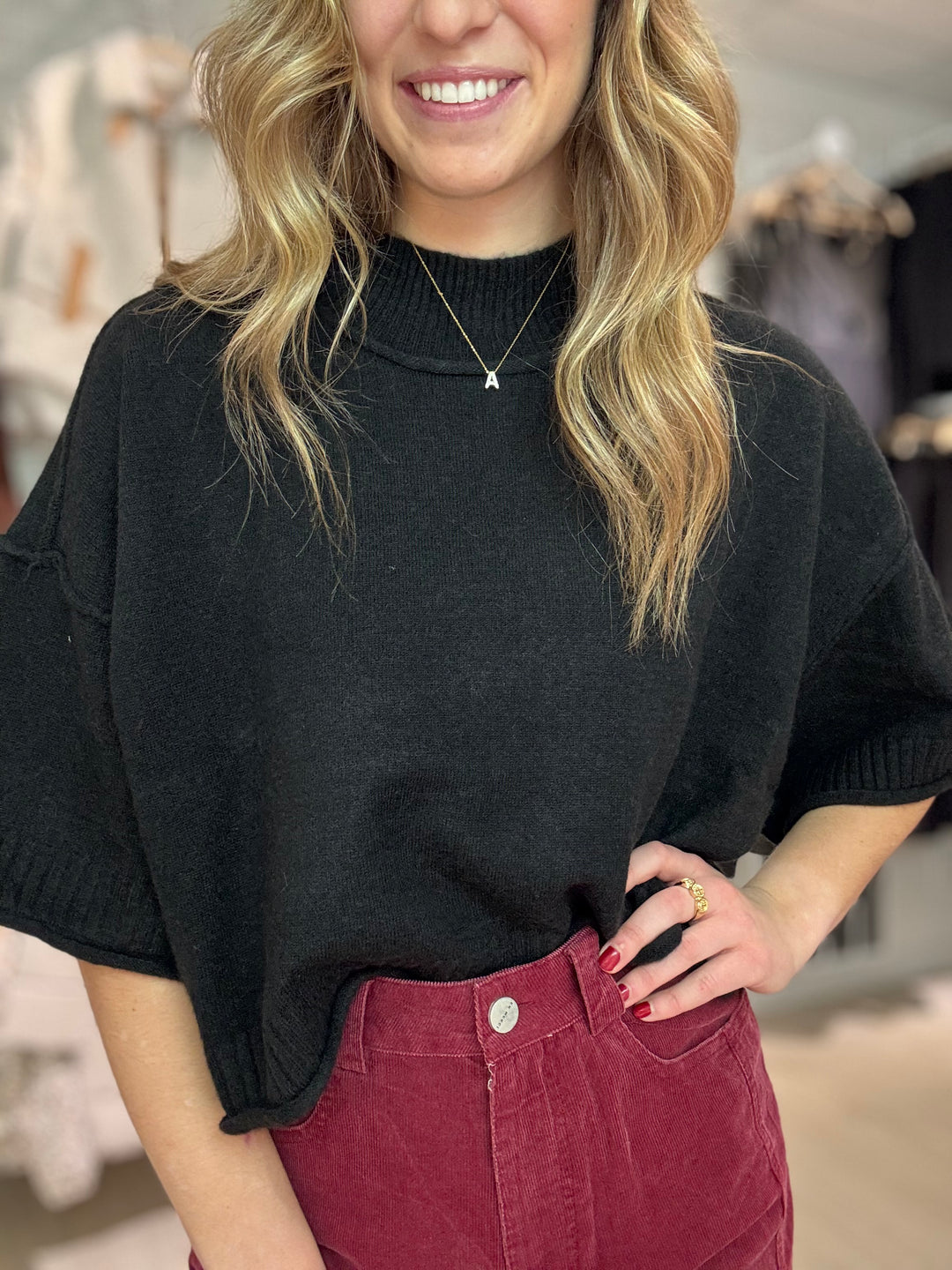 Mock Neck Short Sleeve Sweater