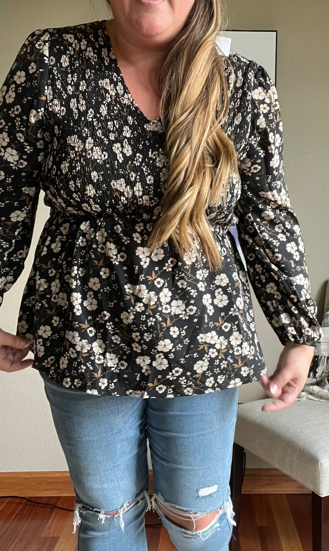 Black Floral V Neck Top