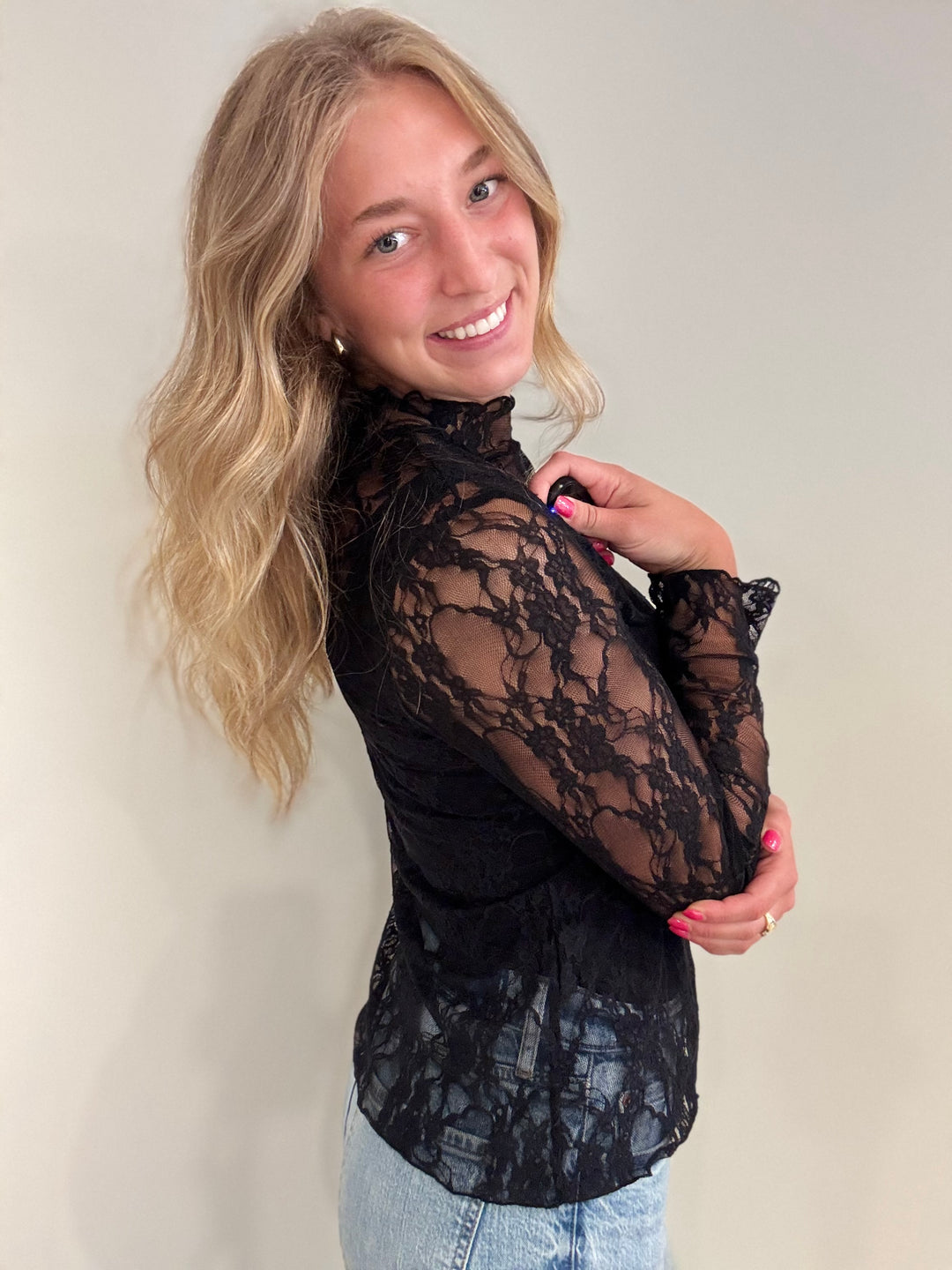 Floral Print Lace Long Sleeve Top
