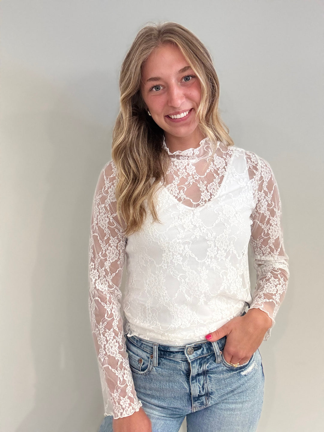 Floral Print Lace Long Sleeve Top