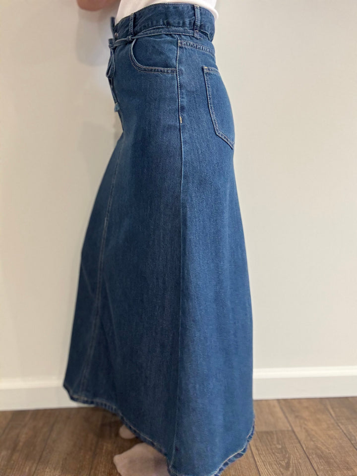 Denim Tie-Waist Midi Skirt