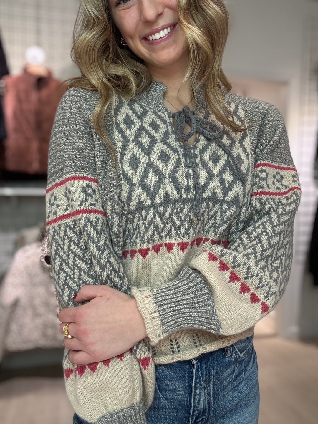 Nordic Pointelle Tie-Front Sweater