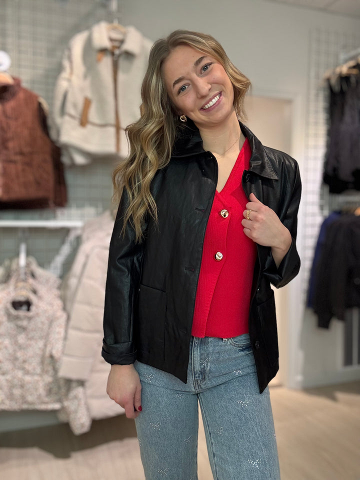 Faux Leather Collared Jacket