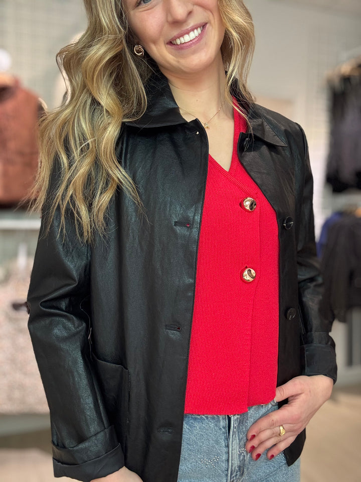 Faux Leather Collared Jacket