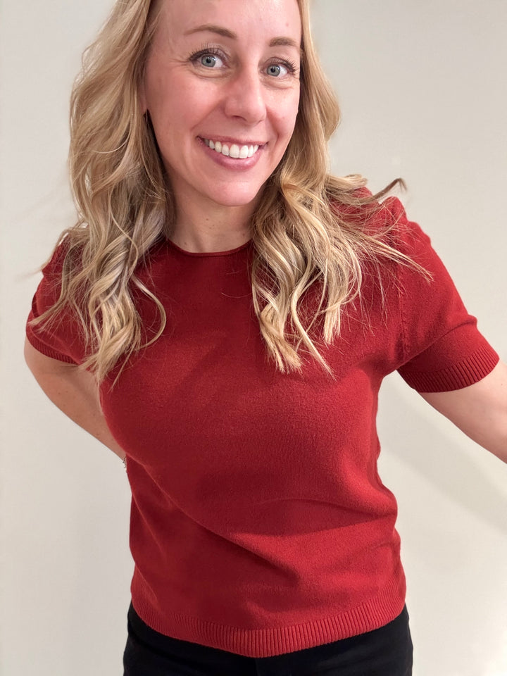 Solid Round Neck Short Sleeve Sweater