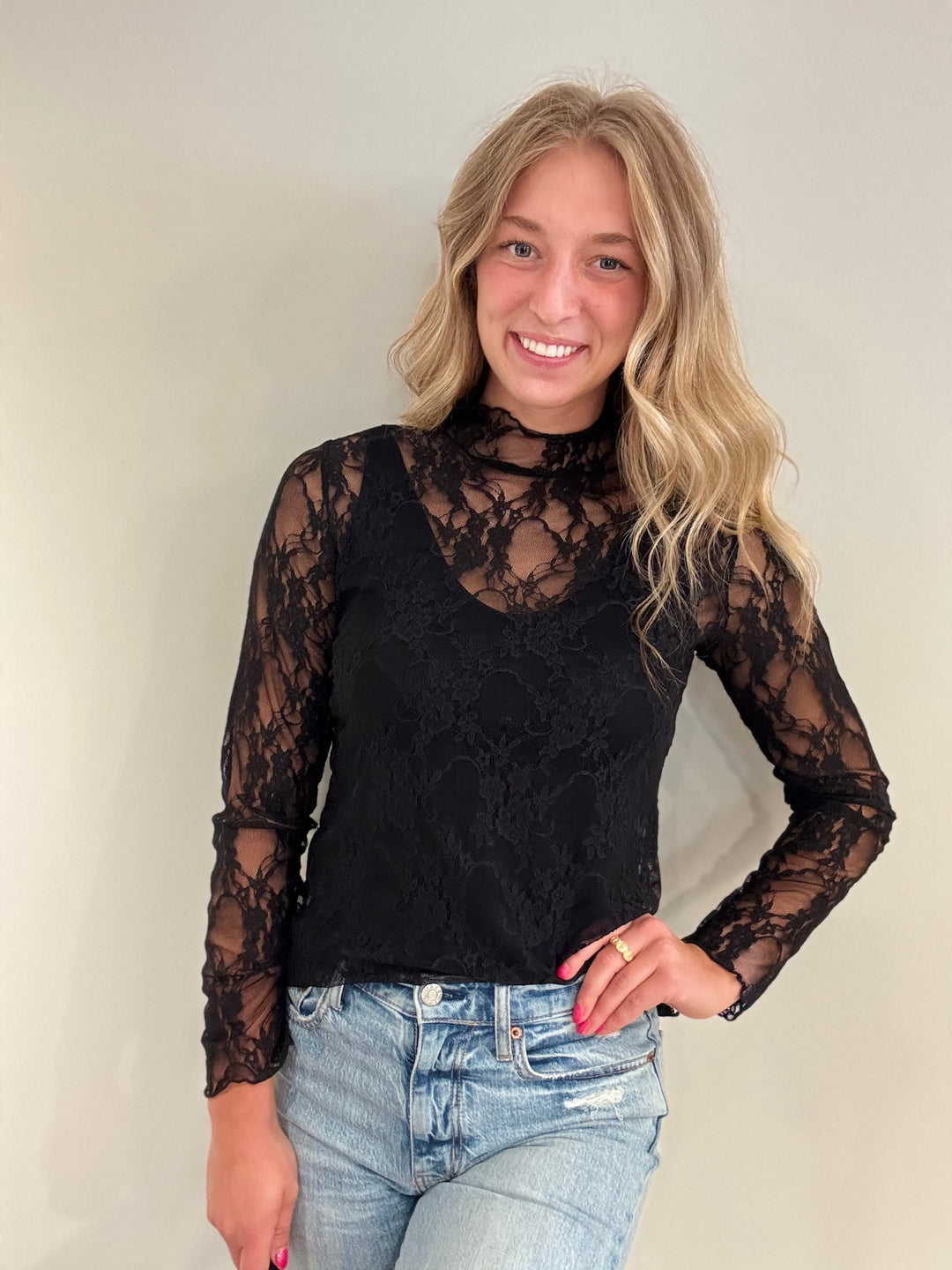 Floral Print Lace Long Sleeve Top