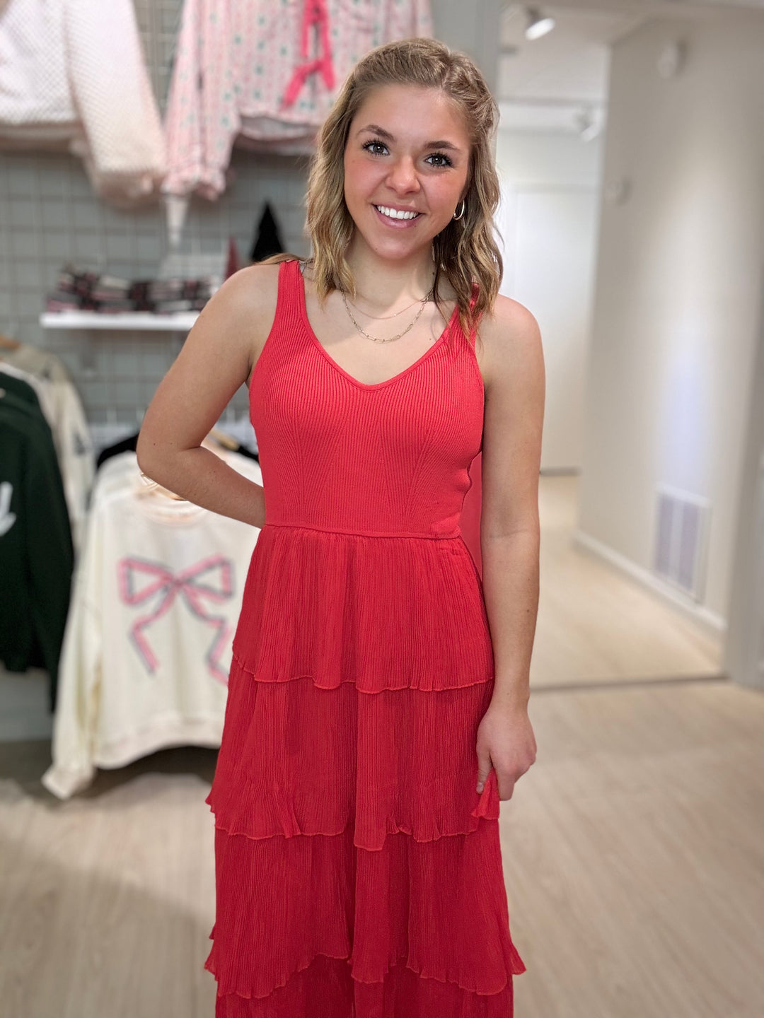 Pleated Tiered Midi Dress