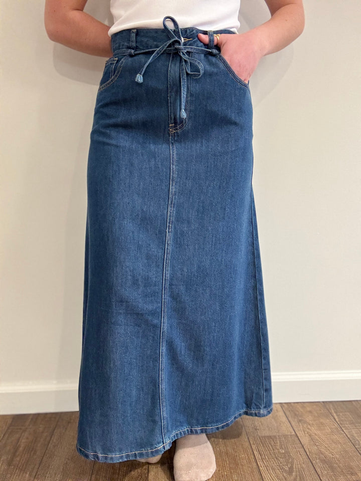 Denim Tie-Waist Midi Skirt