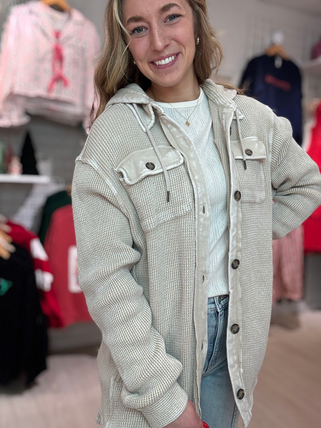 Waffle Knit Hoodie Shacket