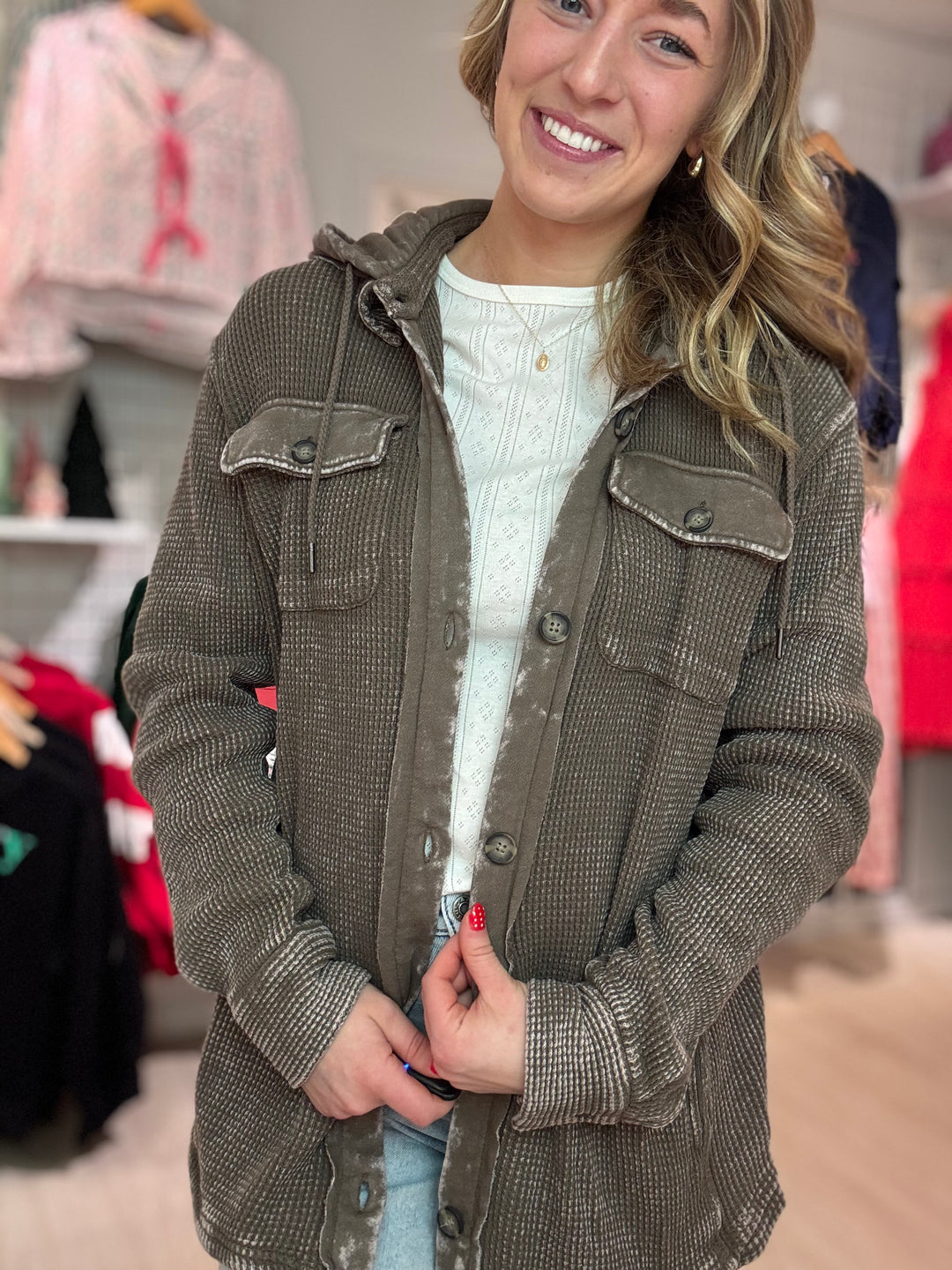 Waffle Knit Hoodie Shacket