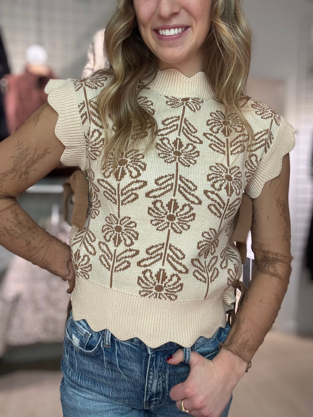 Bow Accent Floral Sweater Vest