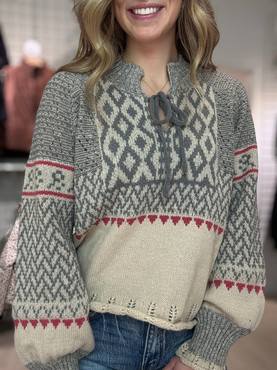 Nordic Pointelle Tie-Front Sweater