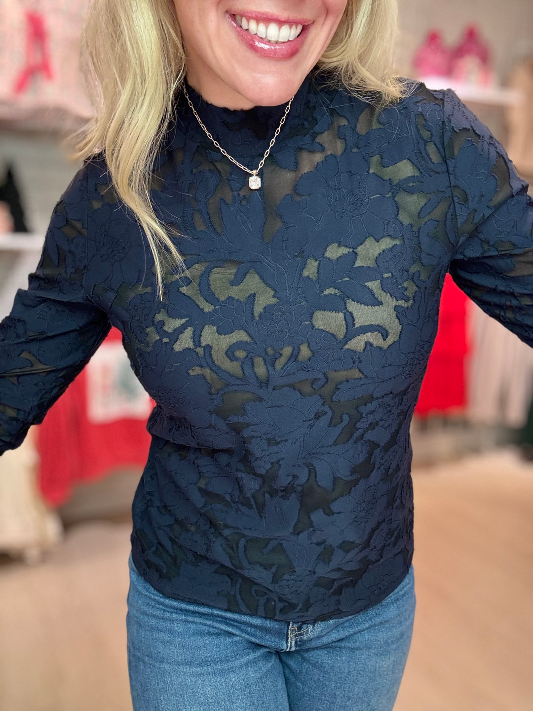 Burnout Mesh Mock Neck Top