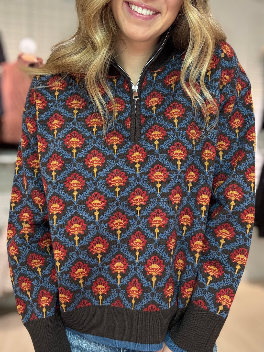 Floral Half Zip Sweater