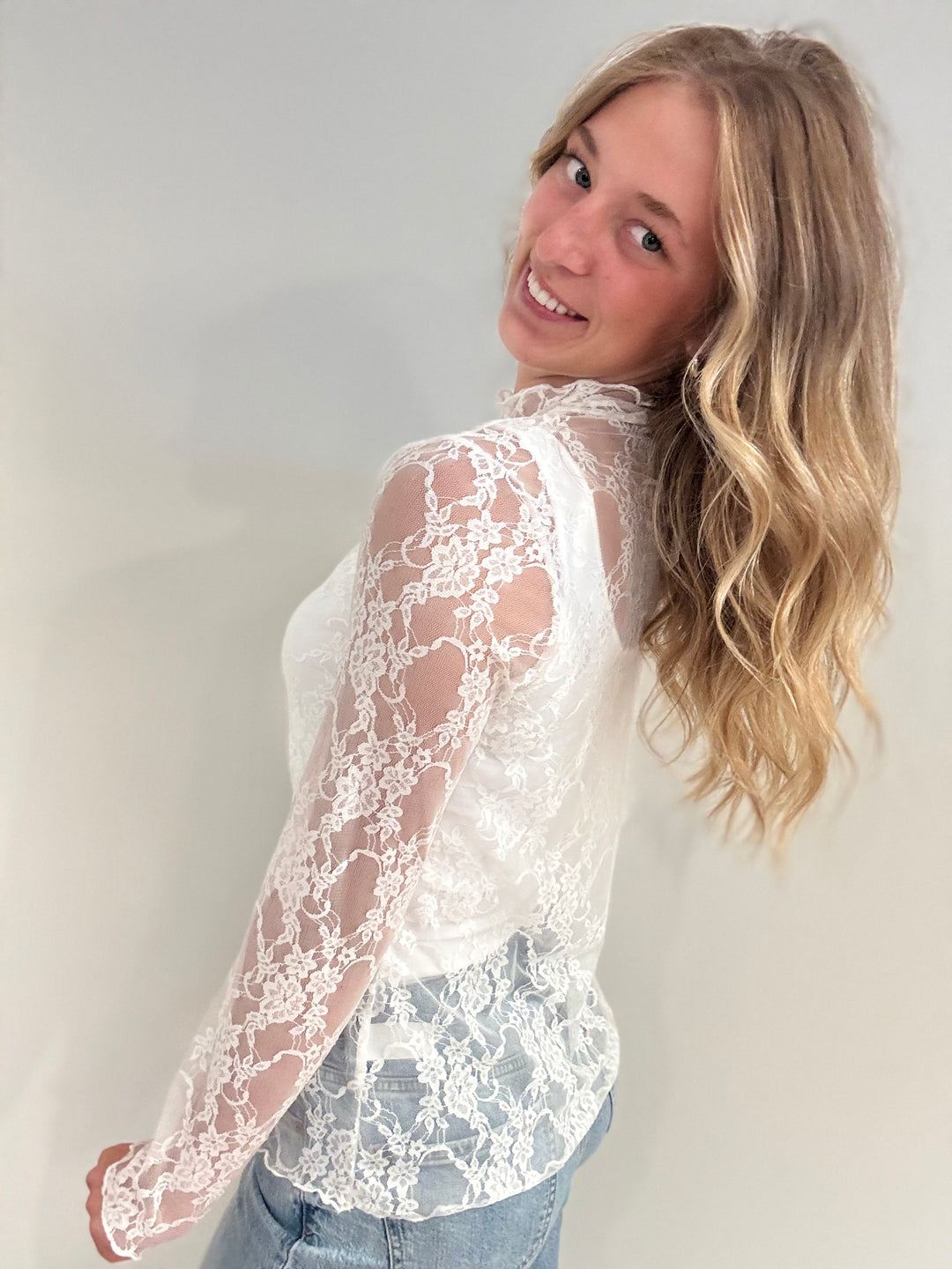 Floral Print Lace Long Sleeve Top