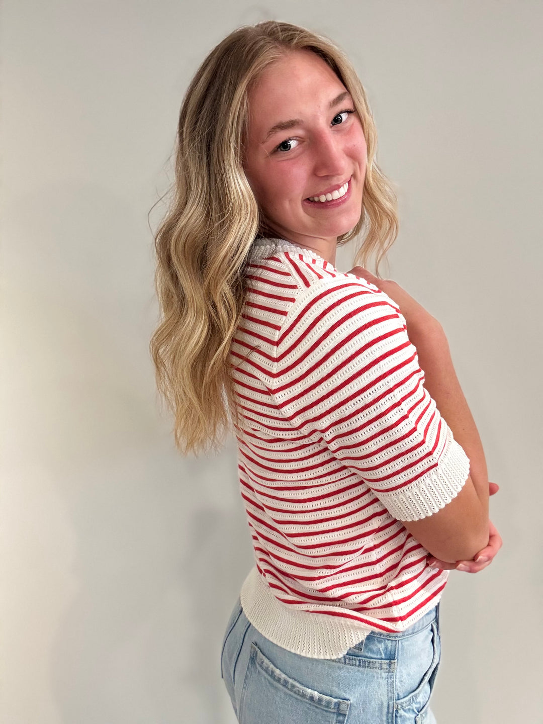 Pointelle Short Sleeve Sweater