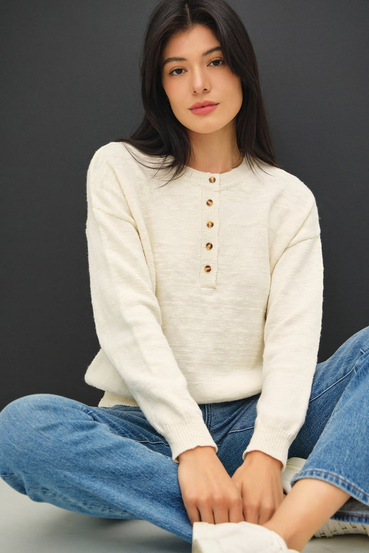 Cotton Slub Henley Sweater