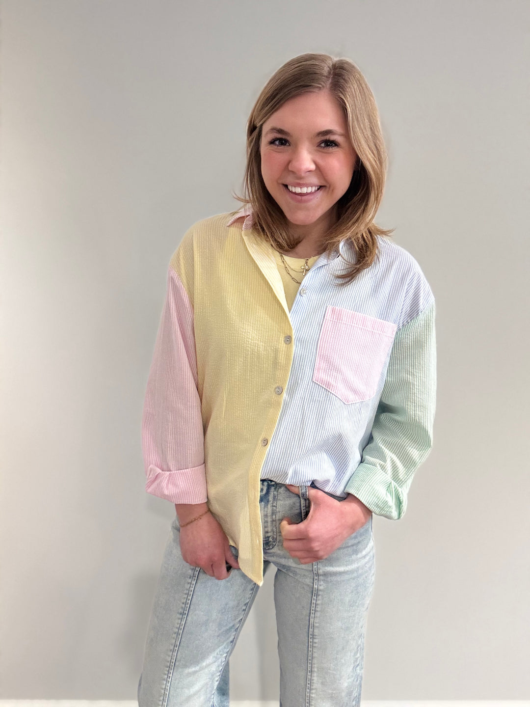 Color Block Striped Button-up