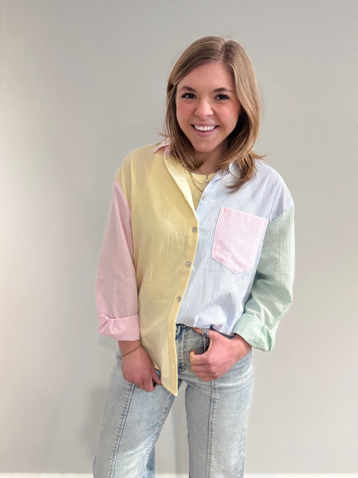 Color Block Striped Button-up