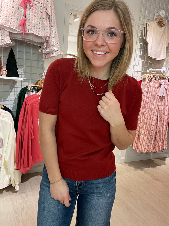 Solid Round Neck Short Sleeve Sweater