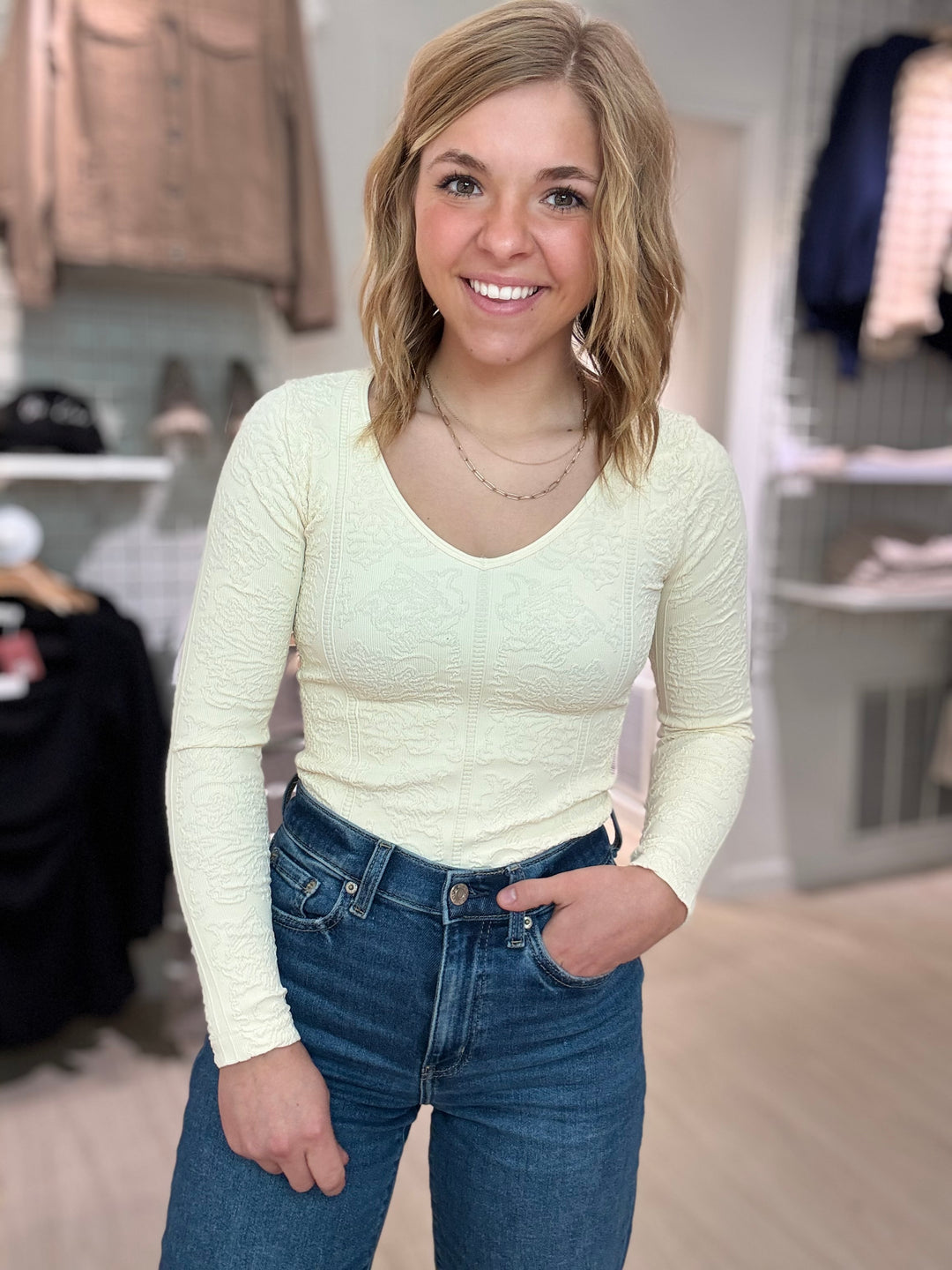 Niki Biki| Lace Textured V Neck Top
