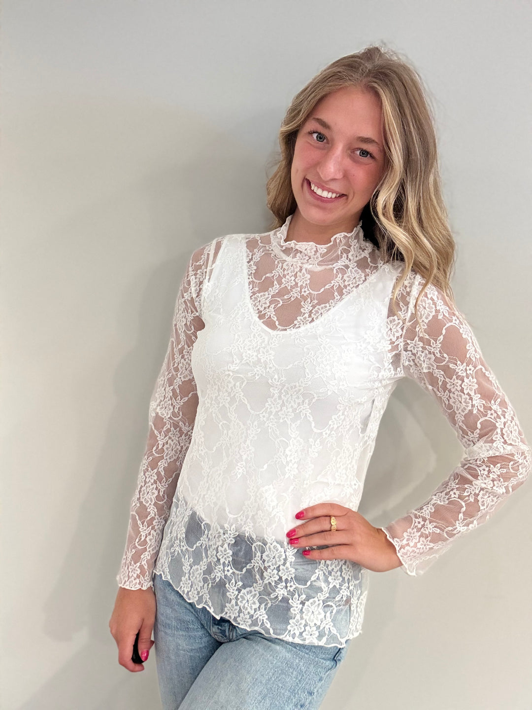 Floral Print Lace Long Sleeve Top