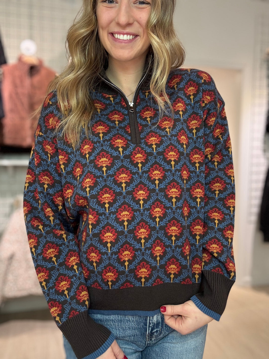 Floral Half Zip Sweater