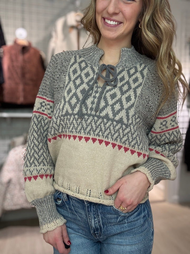 Nordic Pointelle Tie-Front Sweater