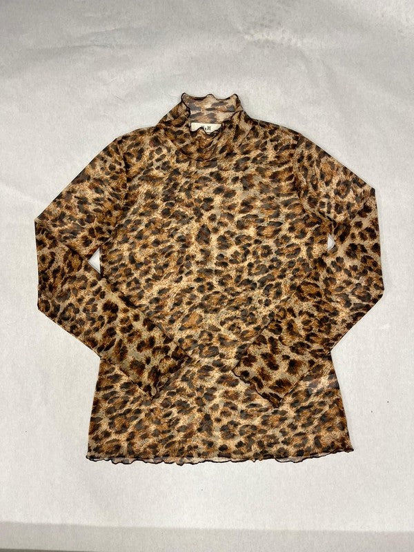 Animal Print Mesh Mock Neck Top