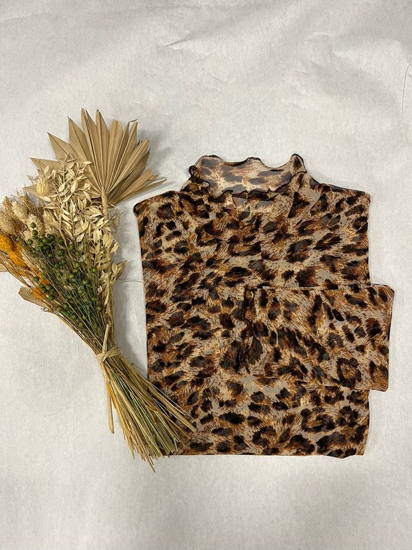 Animal Print Mesh Mock Neck Top