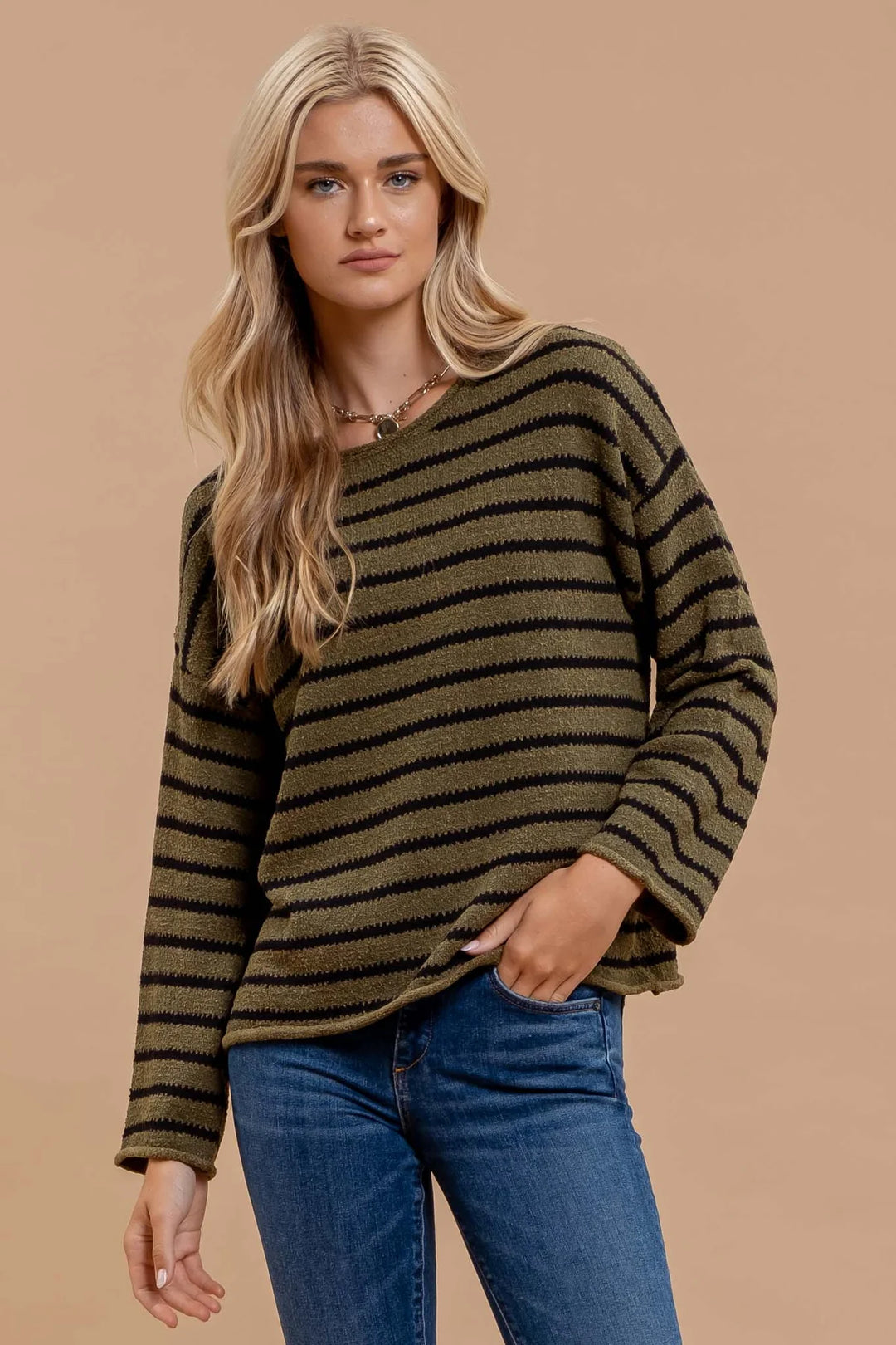 Stripe Boat Neck Drop Shoulder Sweater