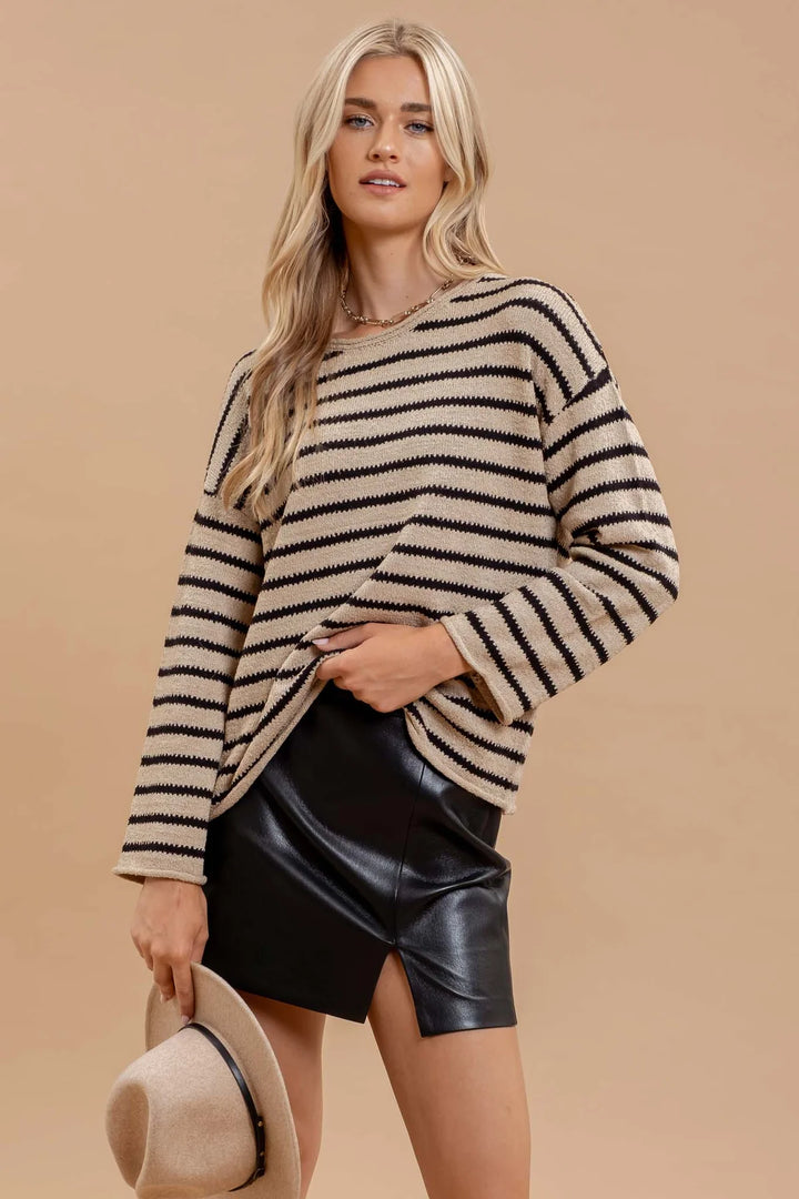 Stripe Boat Neck Drop Shoulder Sweater