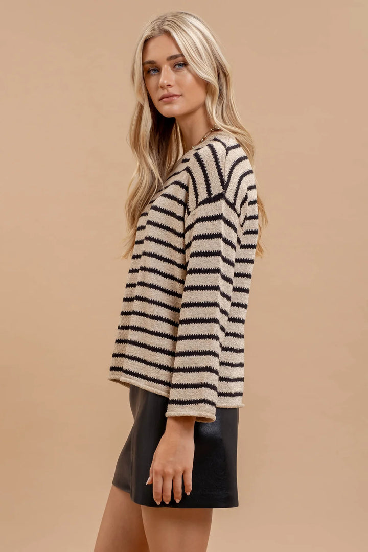 Stripe Boat Neck Drop Shoulder Sweater